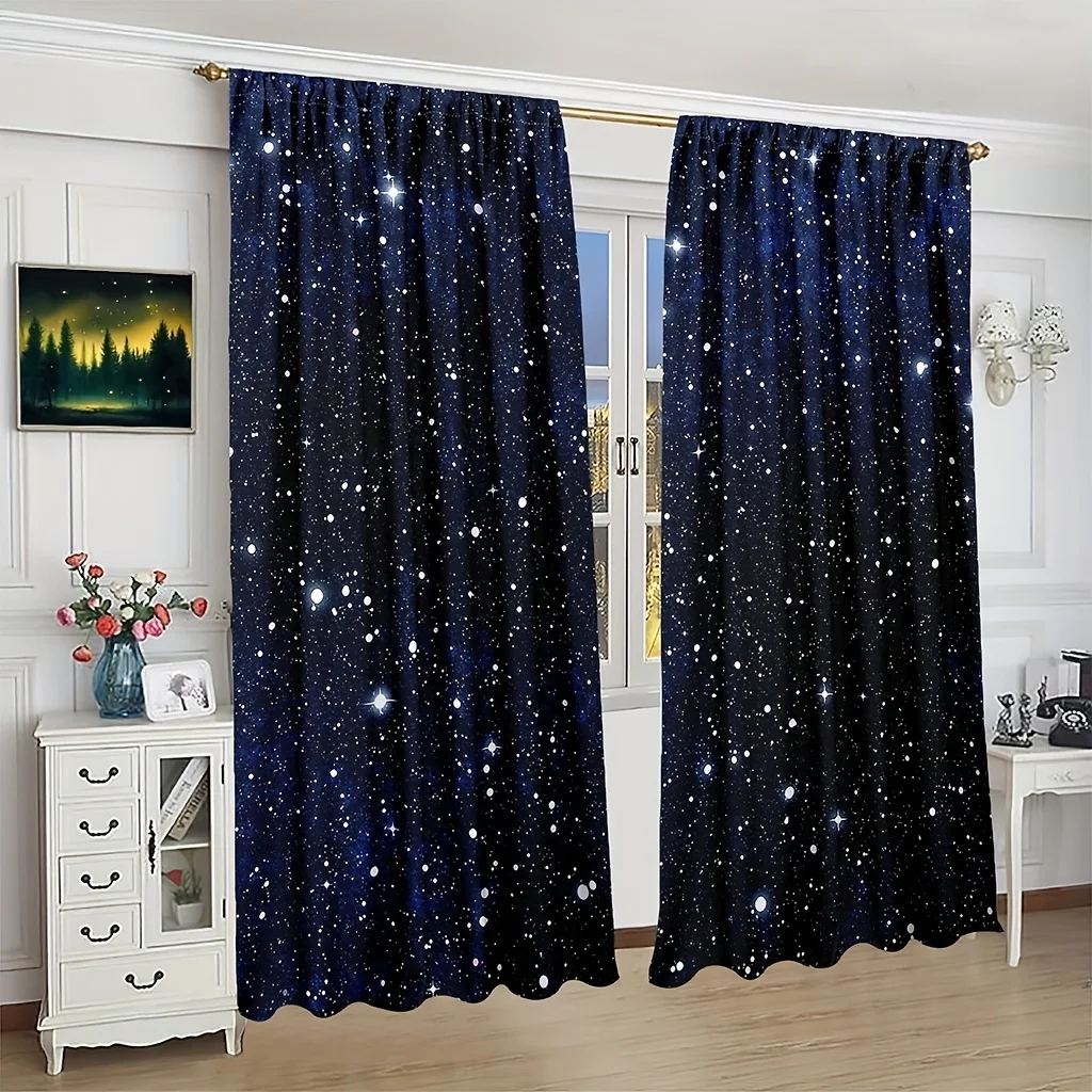 2pcs Galaxy Shining StarsCurtains Childs Fantasy Starry Sky Star Rod Pocket Window Drapes Stars Black Curtains. 4