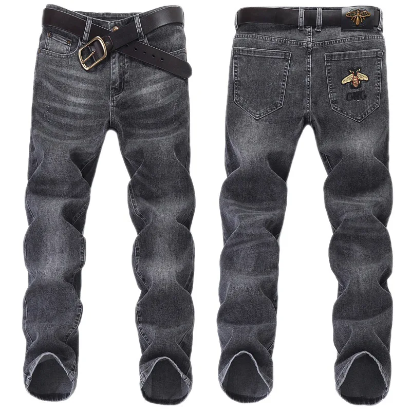 Smoky Gray Jeans Men's 2024 High-End Stretch Slim Fit Skinny Fashionable All-Match Casual Trend Embroidered Trousers