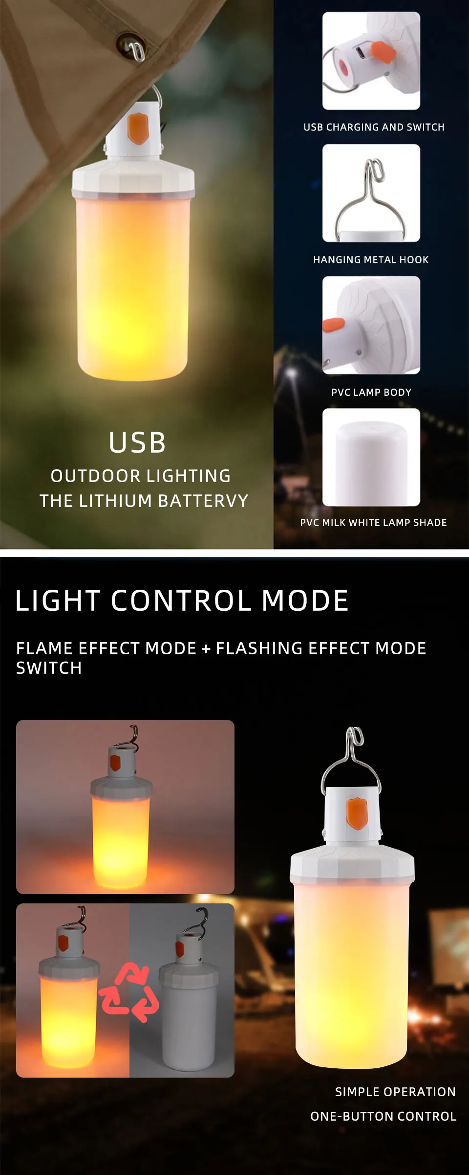Description Picture 4 of itemLED Camping Lantern light Halloween LED Flame Light USB DC5V Rechargeable Dimmable Night Light Yard Camping Lights Decoration