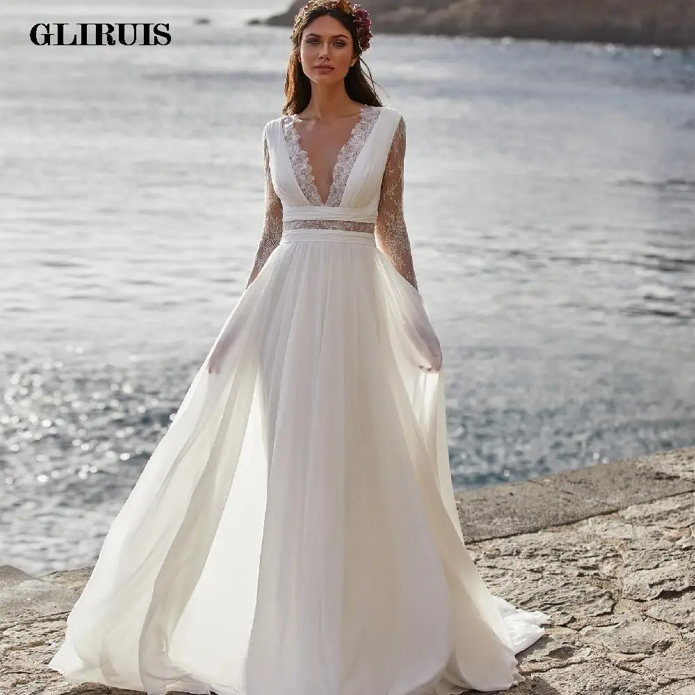 

2022 Bohemian Wedding Dresses Long Sleeve V-Neck Floor Length Chiffon A-Line lace Back Bridal Gowns