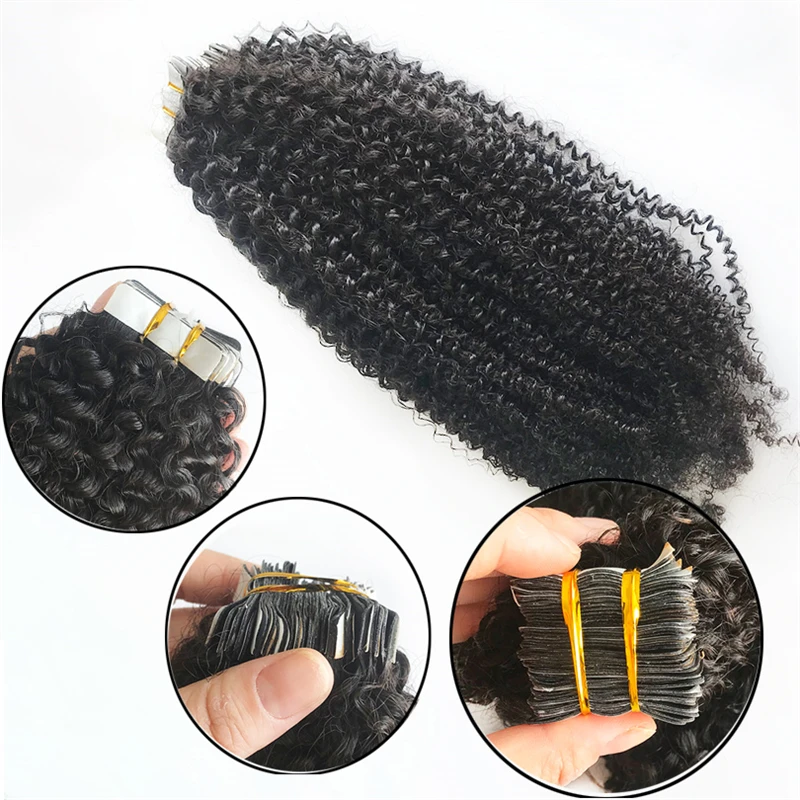 Skin Weft Human Hair Extensions Body Wave 14-30inch Mongolian Remy Double Sided Adhesive Tape In Yaki Curly PU Hair Extensions