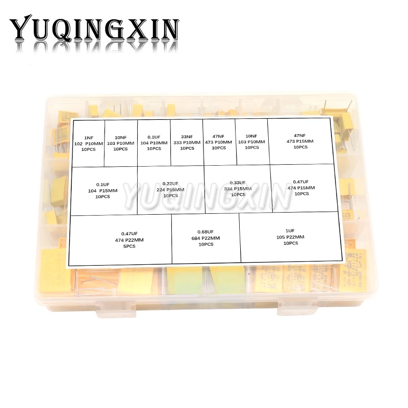 

135pcs Polypropylene Film X2 Safety Capacitor Assorted Kit 275VAC 14Values 102K-105K 1NF-1UF Sample Set