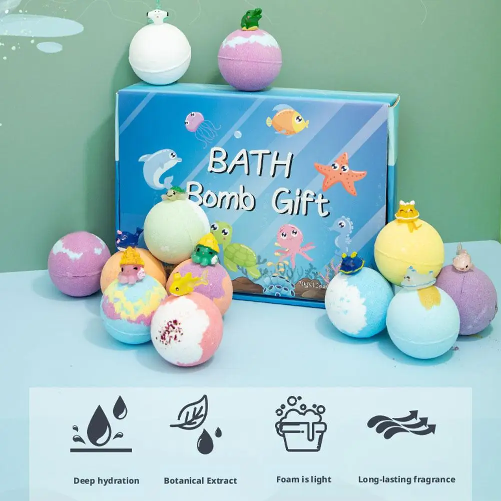 12PCS Bath Bombs with Surprise Inside, Fizzy Spa Balls Gift Set with Ocean Animal Toys, Fun Relaxing Holiday Bath Gifts for Kids