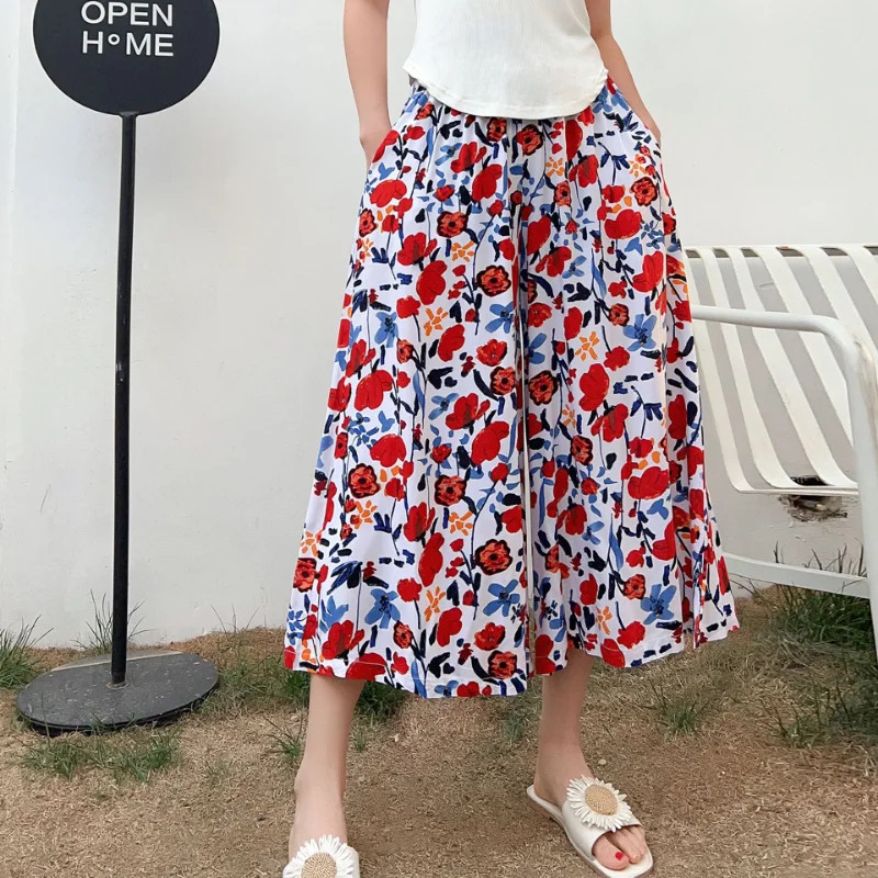 

Women's Summer Floral Wide Leg Pants Retro Pocket Design & Breathable Material Plus Size Casual Viscose Ankle-Length Pants
