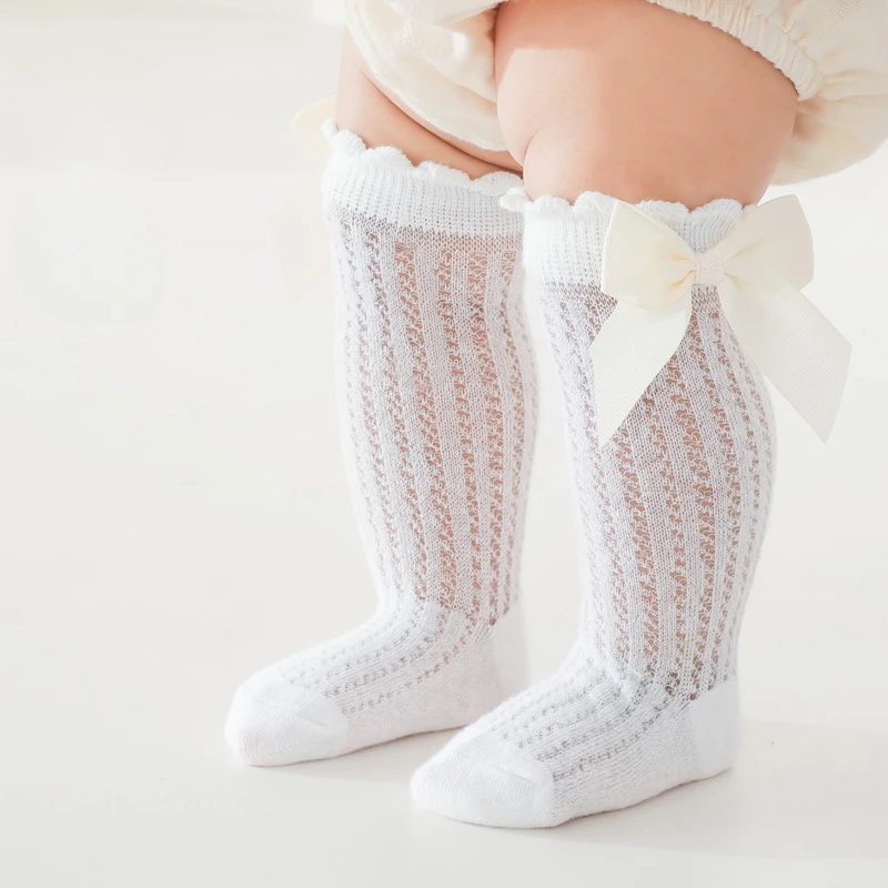 Baby Socks 0-2Years Baby Girl Socks with Bow Summer Toddler Baby Cotton Mesh Knee Socks Newborn Infant Non-slip Princess Long