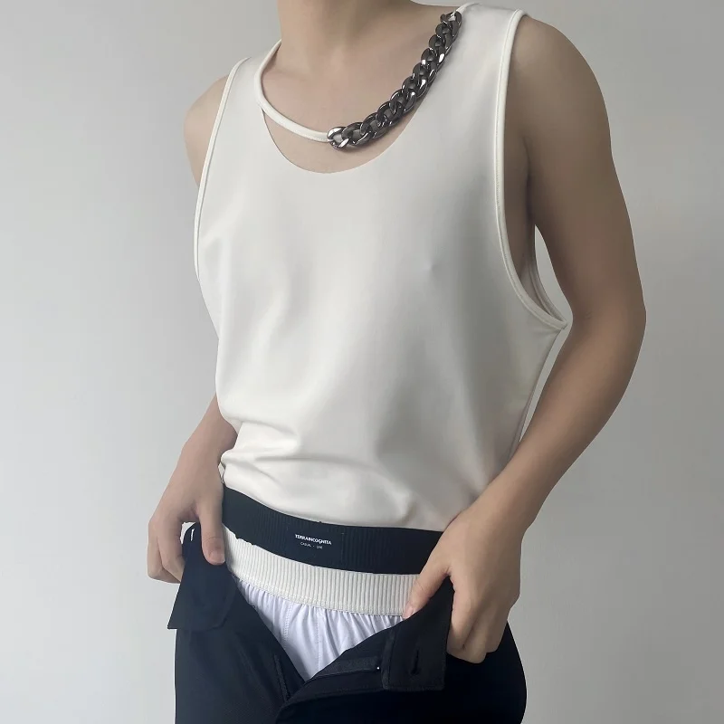 

2023 Fashion Chain Design Men Tank Tops Summer Solid Color O-neck Sleeveless Vacation Casual Vests Streetwear Party Clothes