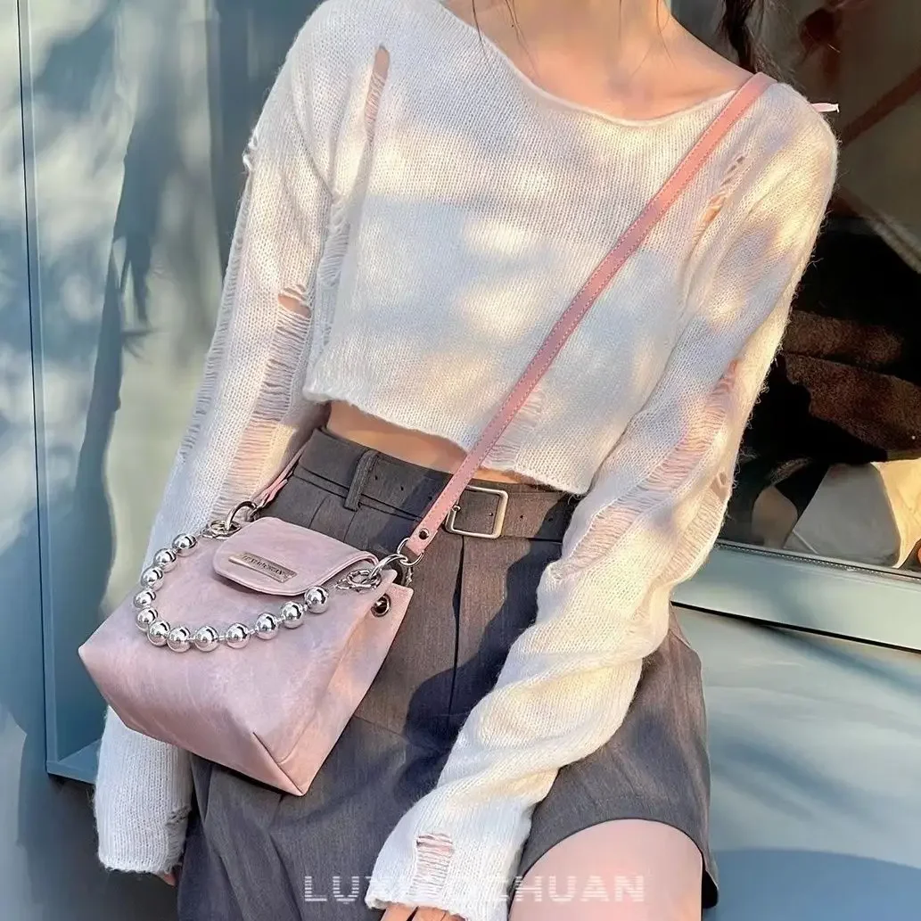 

Korean College Versatile Women Backpacks 2024 New Beaded Girl Crossbody Bags Sweet Fashion Ins PU Leather Women's Backpack