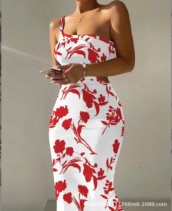 Vestidos estampados de un solo hombro con tirantes finos para mujer, vestidos sexis con abertura en la espalda, paquete de cadera, vestido ajustado, moda para dama, vestidos modernos para mujer