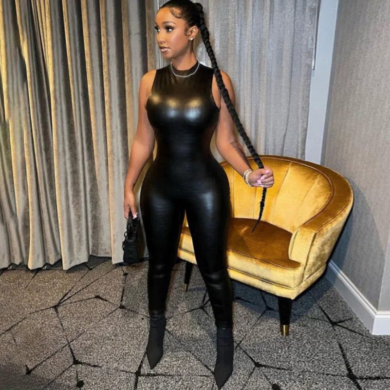 

KEXU Sleeveless O-neck Elastic Jumpsuit 2023 Fashion Women Summer Streetwear Sexy Party Black Playsuit One Piece Suit Romper