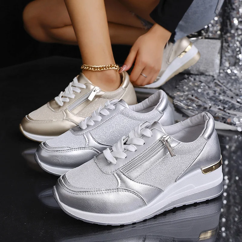 Fashion Wedge Sneakers for Women Gold Silver Platform - Uniqwear