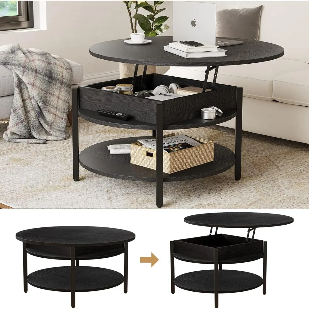 Round Lift Top Coffee Table for Living Room, 35.43'' Round Coffee Table with Storage and Hidden Compartment, 2 Tier Large 4