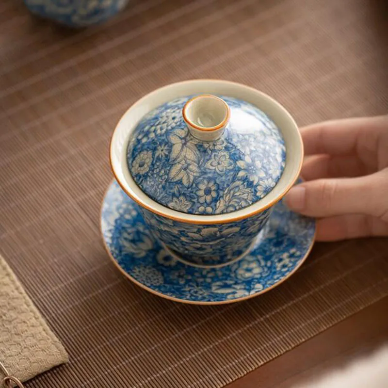 Porcelain Flourishing Flowers Blue Color Tea Tureen Tea Cup Set Kungfu Cup Infuser Tool Teaware Set Kitchen Drinkware