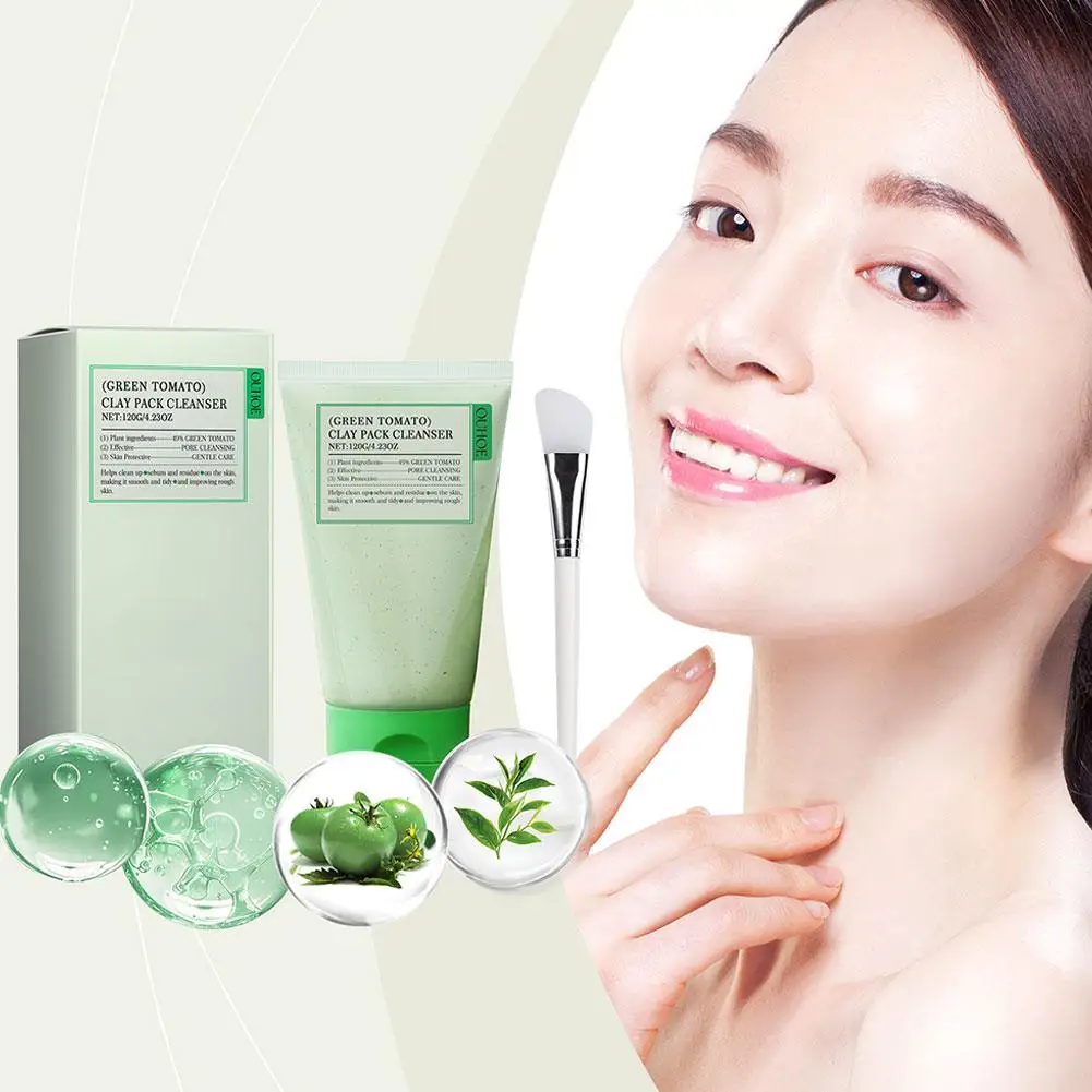 Green Tomato Clay Mask,Fully Green Tomato Clay Mask Cleanser, Green Tea Exfoliating Gel Cleanser Nourishing Cleanser Facial Care 2