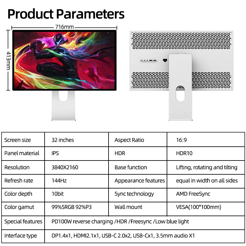 쿠이콘 P32K 32인치 게이밍 데스크탑 모니터 알루미늄 합금 디스플레이 4K UHD 해상도 144HZ 리프레시율 와이드 스크린 DP PC용
