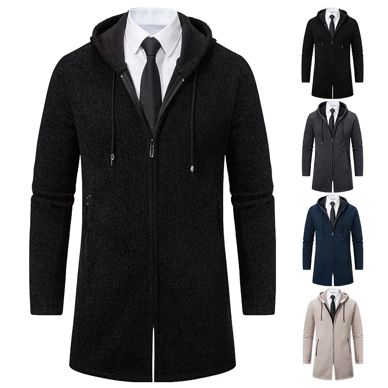 Men's Long Trench Coat Winter Fleece Long Jacket Knitted Sweater Luxury Designer Y2K High Quality Korean Style Hooded Cardigan
