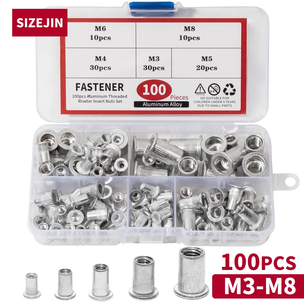 100 Pieces Aluminum Rivet Nut M3 M4 M5 M6 M8 Metal Threaded Rivets Kit