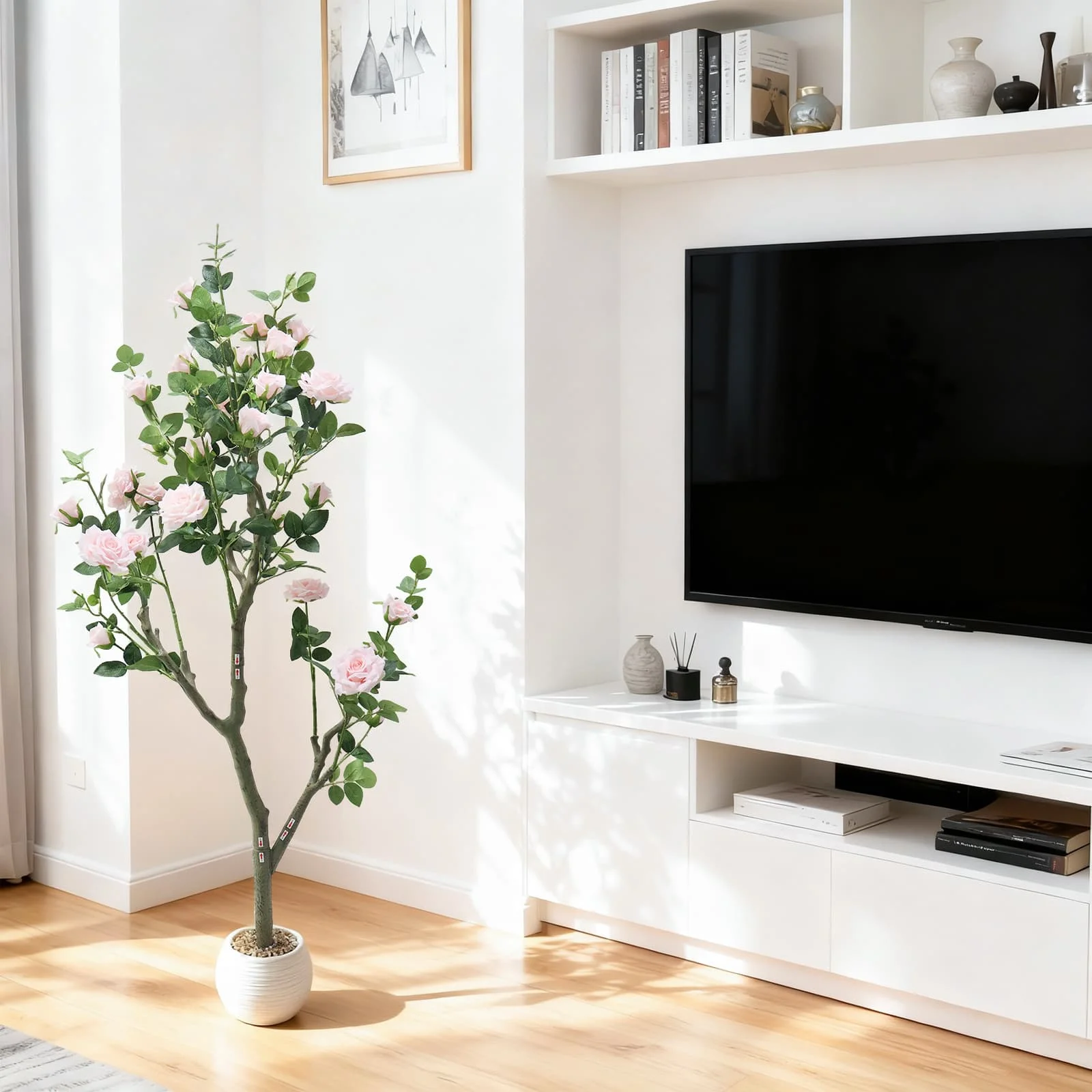 150 cm künstliche Rosenblüten, rosa künstlicher Rosenbaum mit grünen Blättern, künstliche Pflanze für Wohnzimmer, Büro, Heimdekoration – Detail 11
