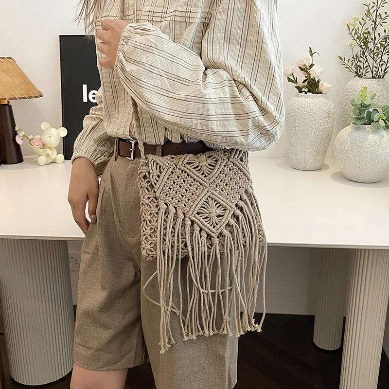 Women Crochet Shoulder Bag with Tassel Handwoven Crossbody Bag Solid Color Bohemian Sling Female Woven Bag