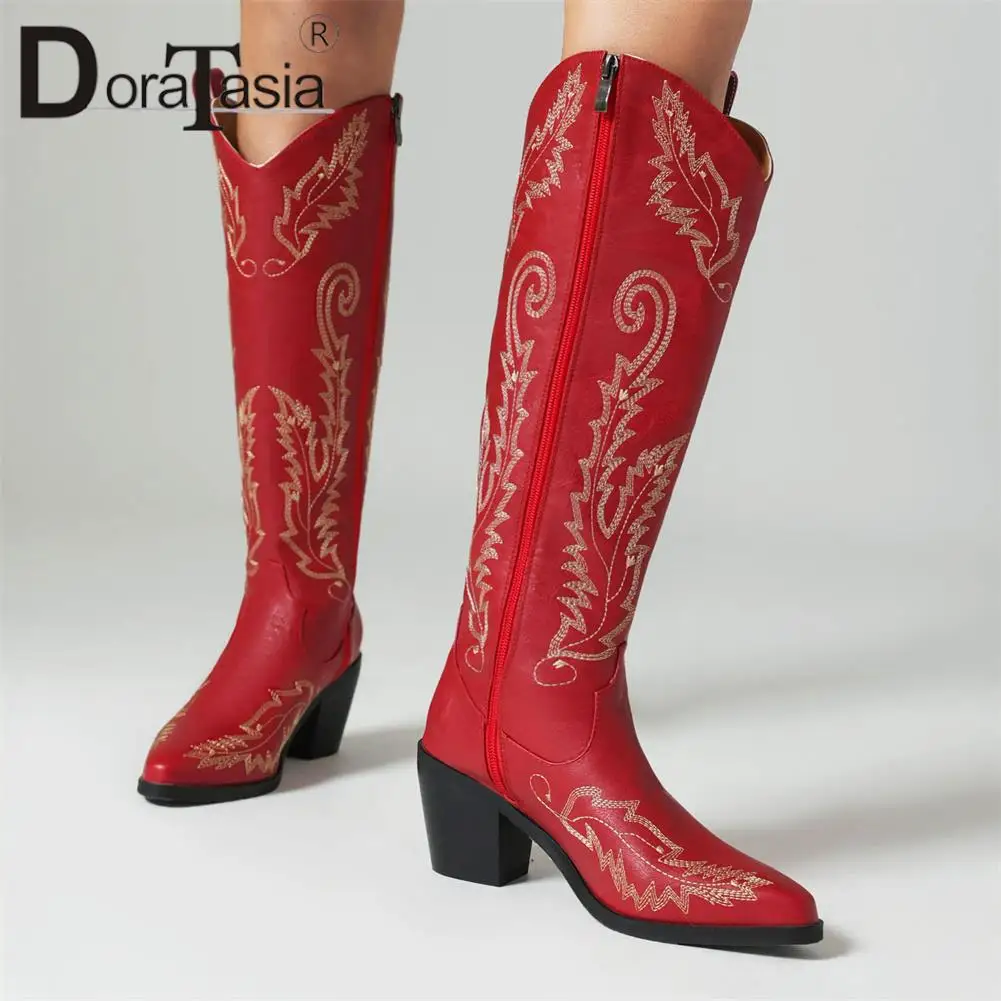 Brand Design Ladies Vintage Embroider Cowboy Boots Fashion Zip Chunky High Heels Pointed Toe women's Boots Casual Party Shoes