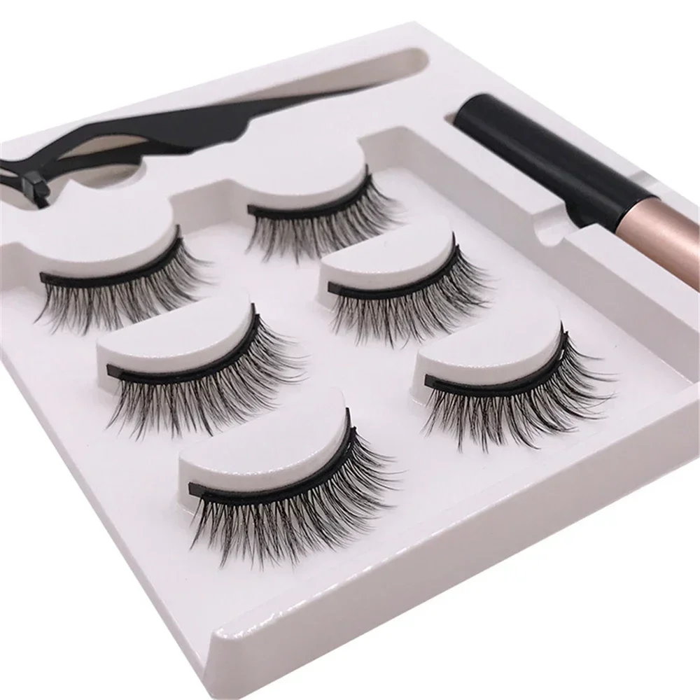 Fake Eyelashes 3 Pairs Magnetic Eyelashes 3D Mink Eyelashes Makeup Magnetic Lashes Eyeliner Tweezers Set Natural False Lashes Short Faux Cils