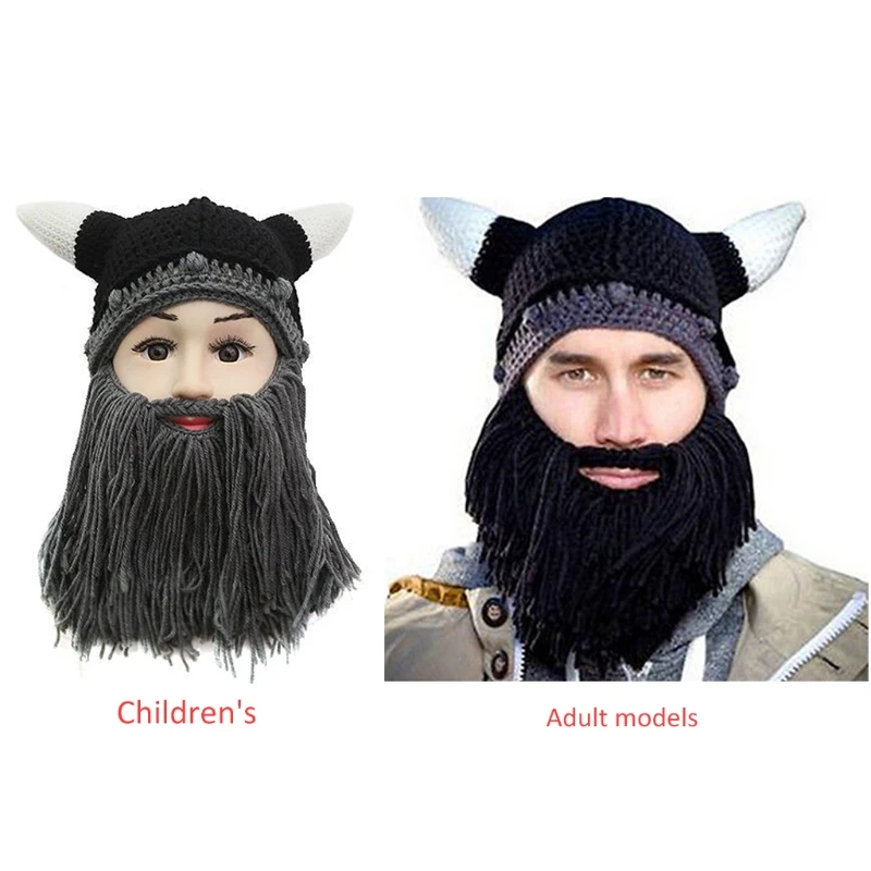 

2XPC 2Pieces Viking Beard Beanie Hat Parent-Child Funny Beard Horns Cap Mustache Cool