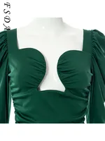 V Neck Long Puff Sleeve Mini Party Dress WoBlack Elegant Winter Club Bodycon Dresses Green Brown Sexy