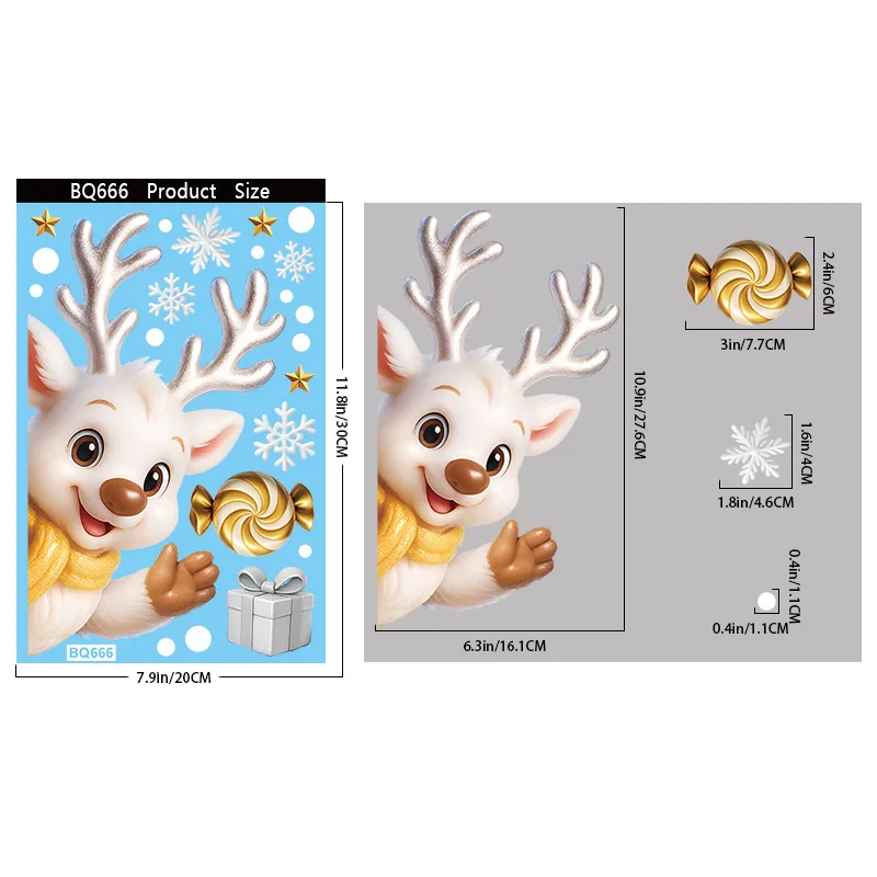 16 Styles Christmas Static Cling Sticker Single Gold Reindeer Snowman Igloo Wreath Design, Holiday Window Decoration for Glass
