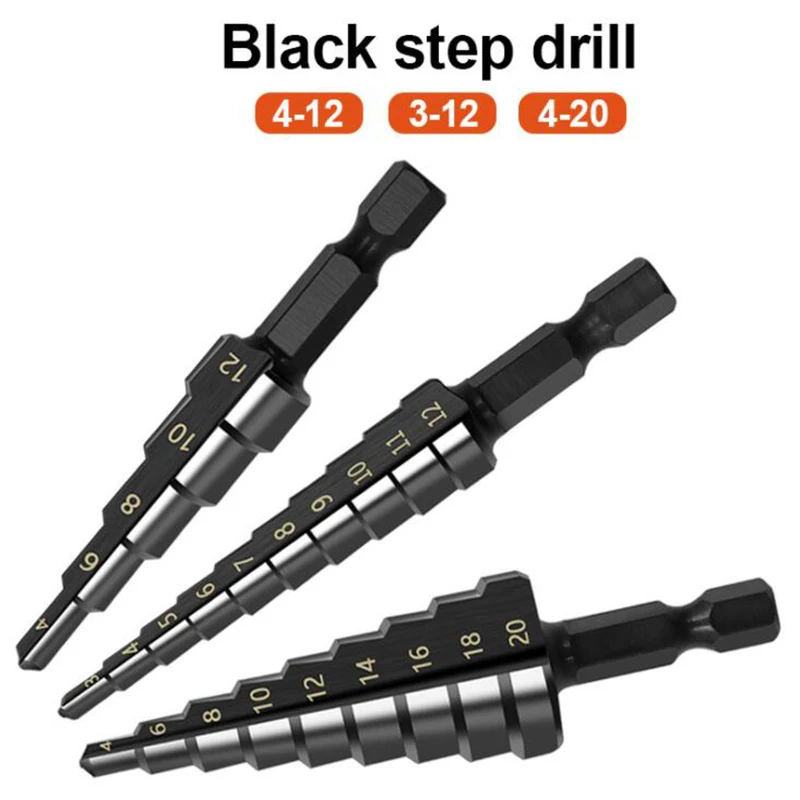 

3Pcs Nitriding Spiral Groove Step Drill Bits 1/4" Hex Shank HSS Cone Drill Bit 3-12 4-12 4-20 Step Bits for Metal Wood Drilling