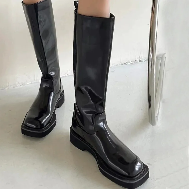 

British Style Patent Leather Knee-High Boots Round Toe Thick Heel Platform Slim Tall Knight Botas Femininas Casual Women Shoes