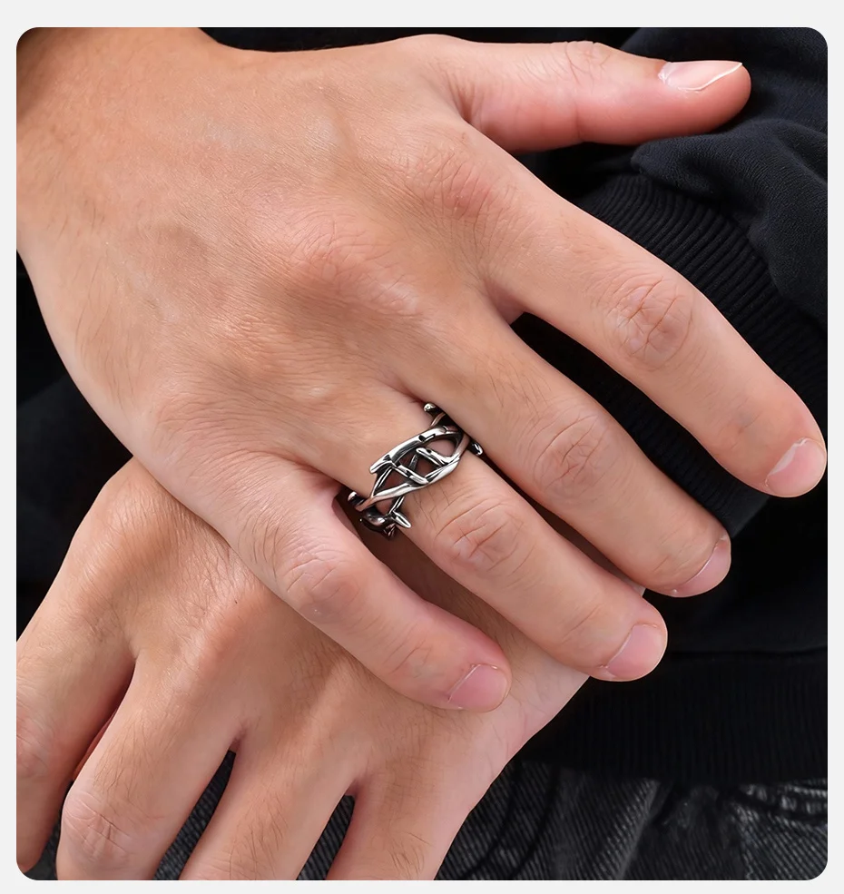 Vintage aushöhlen Edelstahl Dornen Ring für Männer, 11mm Breite Retro Silber Farbe Metall Ast Ring, Punk Schmuck Geschenk – Detail 3