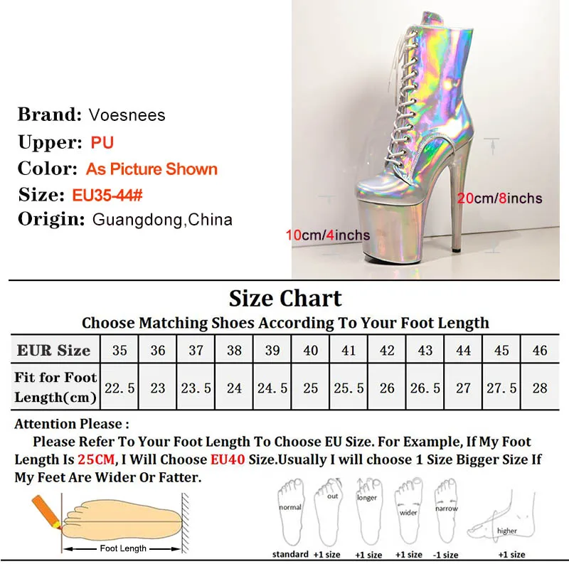 Sexy Silver Laser 20CM/8Inch  Pole Dance Women Boots Holographic Reflective Stripper Platform Party High Heels Stripper Shoes