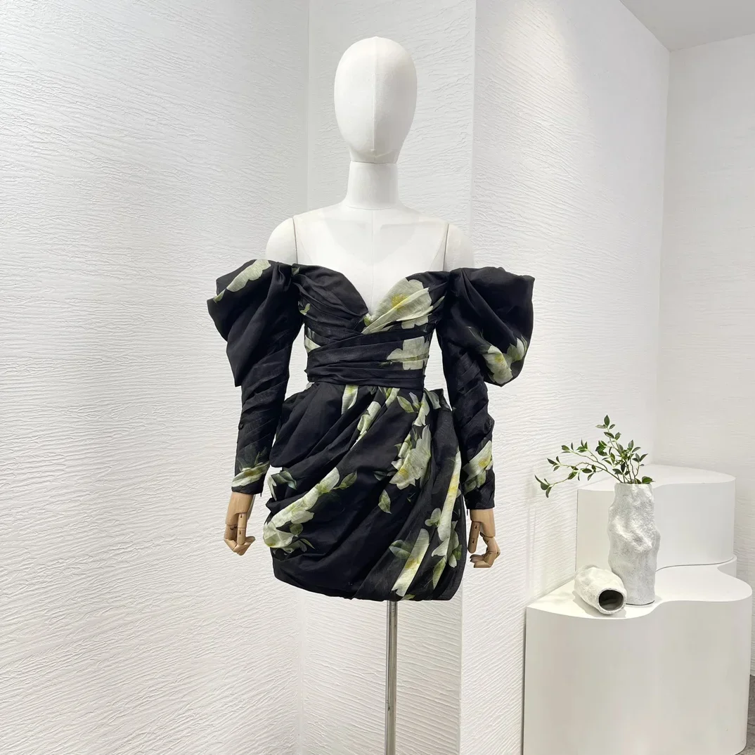 

Женское мини-платье с открытыми плечами, черное Плиссированное Платье из льна и шелка с цветочным принтом, лето 2024