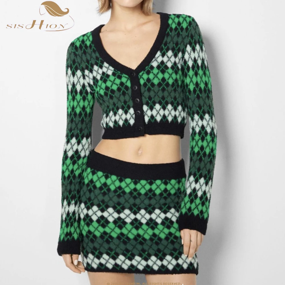 

2023 New Retro Women Autumn Plaid Geometric Knitted Full Sleeve Cardigan Low Waist Package Hips Mini Skirt Matching Set SR1156
