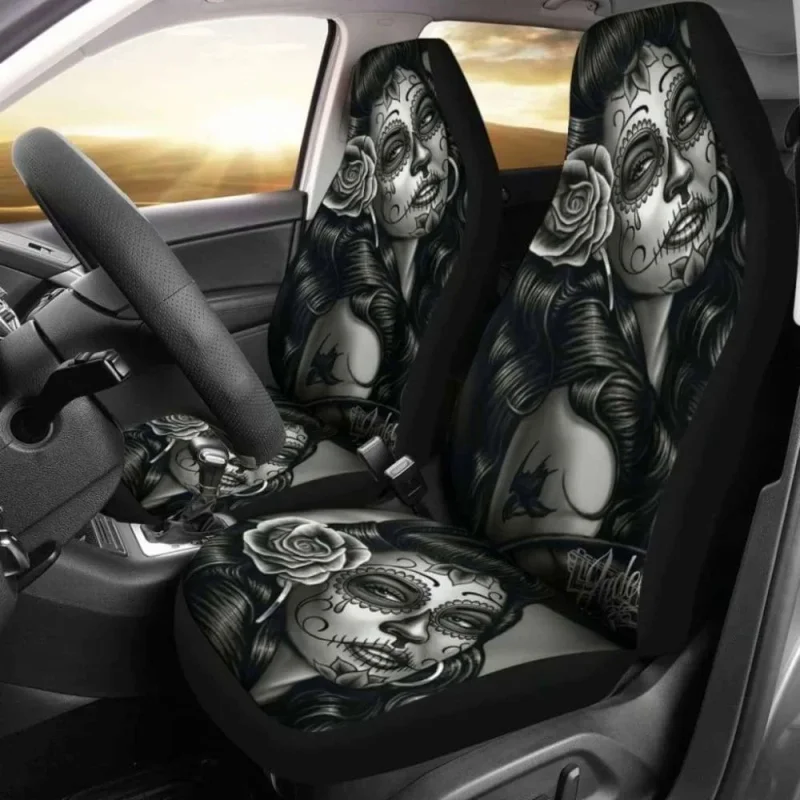 

Set 2 Pcs Beautiful Girl Sugar Skulls,Pack of 2 Universal Front Seat Protective Cover
