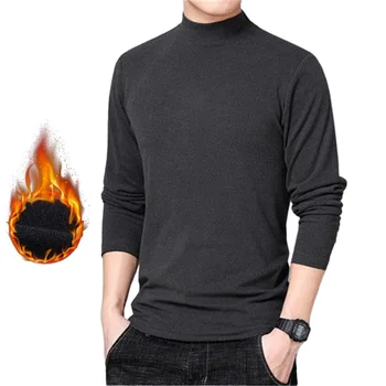 Winter T Shirt For Men Long Sleeve Tshirts Thermal Underwear Solid Color With Thin Fleece Undershirt Men Clothing