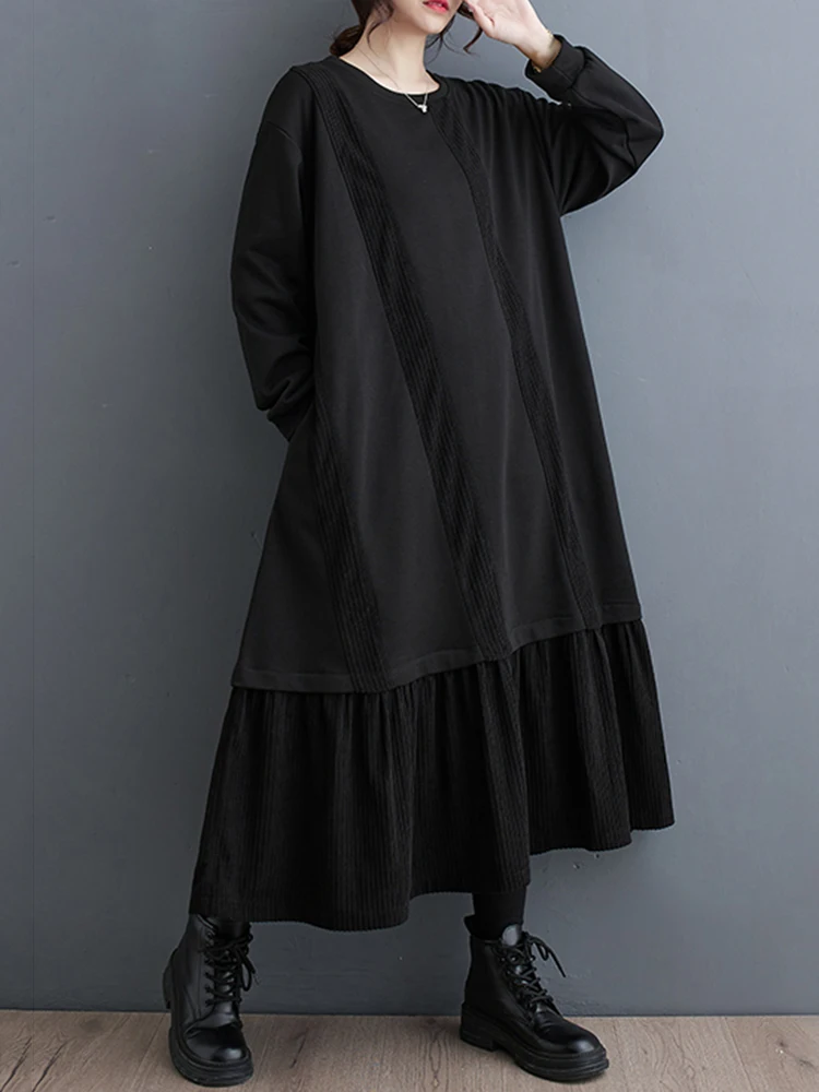 

XITAO Black Long Sleeve Dress Loose Fashion Simplicity Ruffles Splicing Hem 2024 Spring New Casual Women O-neck Dress DMJ3986