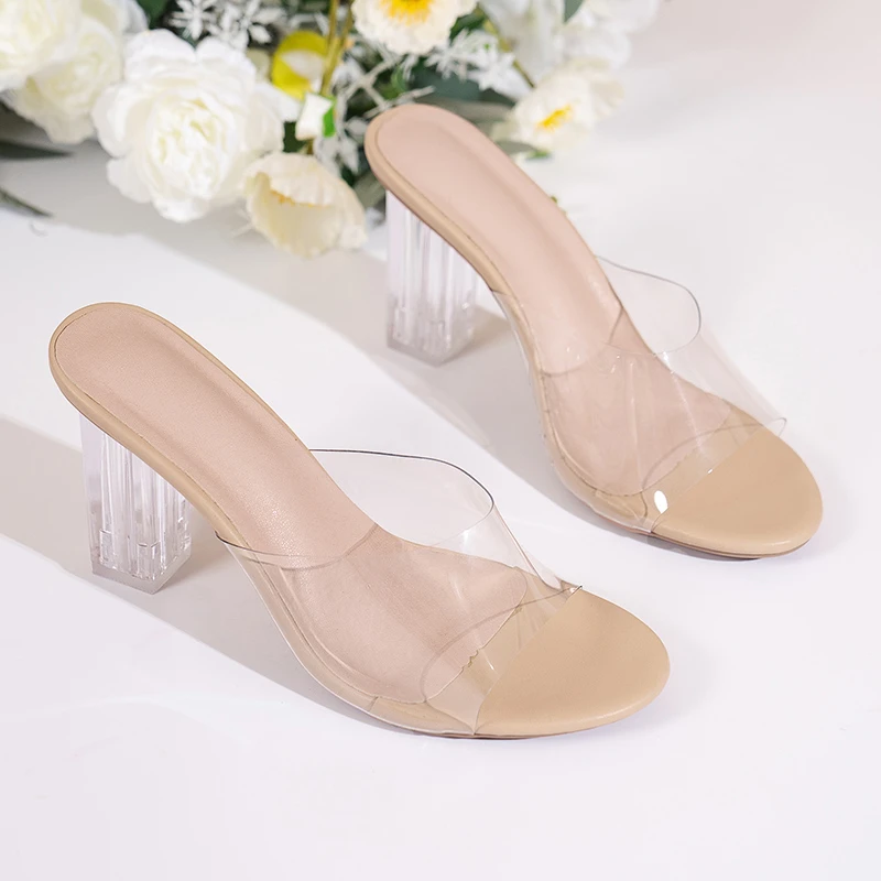 

Летние новые женские сандалии, женские прозрачные сандалии на высоком каблуке с открытым носком и квадратным каблуком, прозрачные сандалии
