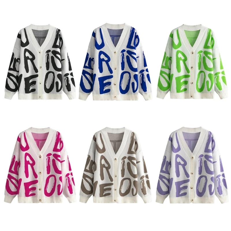 

Свободный осенний жаккардовый кардиган с буквенным принтом и V-образным вырезом, женский повседневный вязаный свитер, пальто