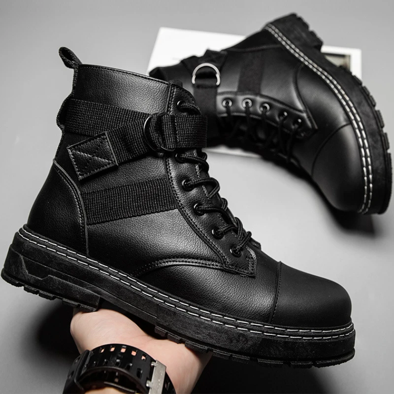 

Men's Business Leather Boots Autumn British Style Retro Black Waterproof Lace Up Plus Size Work High Top Shoes Botinha Masculina