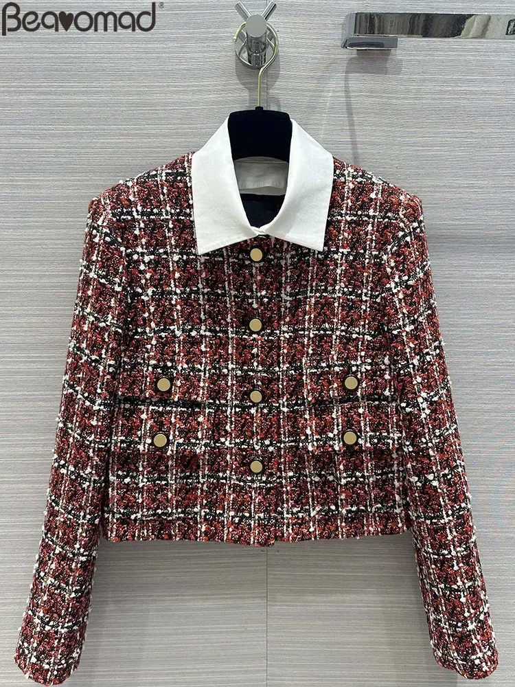 

Fashion Runway Autumn Vintage Plaid Casual Jacket Women Turn-down Collar Multi Pocket Long Sleeve Straight Barrel Coat
