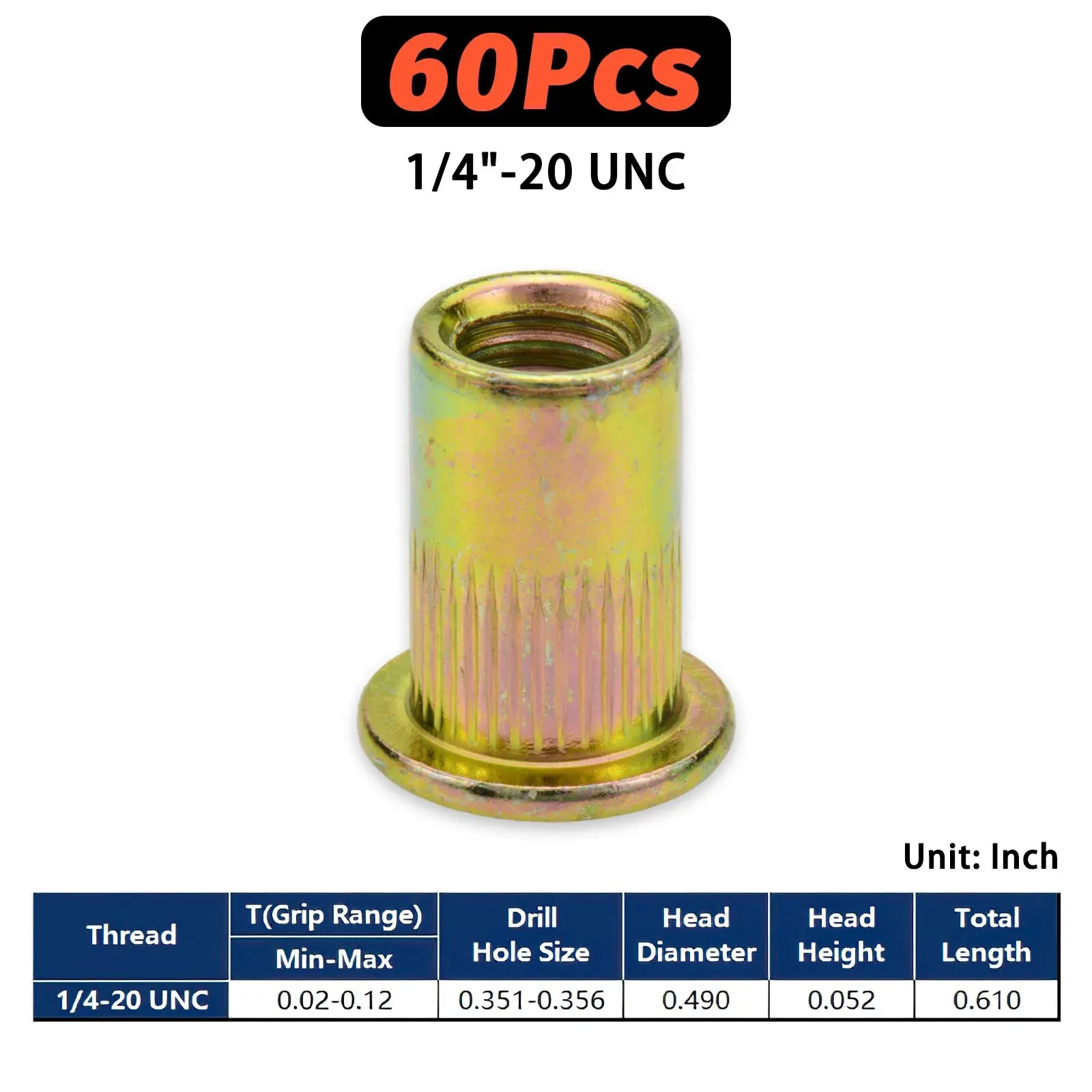 Rivet Nut 120pcs 1/4-20 UNC Carbon Steel Flat Head Rivnut Threaded Insert Nut Knurled Body 1/4''-20, 5/16"-18, 3/8"-16