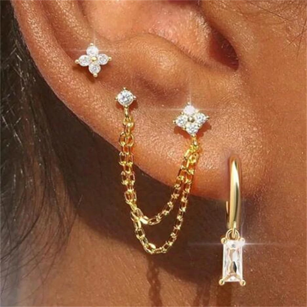 ZAKOL 3pcs Gold Color Stainless Steel Four-Leaf Flower Crystal Stud Earrings Set For Women Exquisite Piercing Jewelry Charm 1