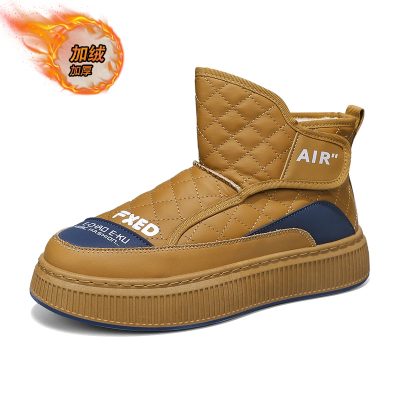 

2023High Top Sneakers Men Winter Plush Snow Boots Fashion Casual Leather Down Upper Height Increased Flat Platform Running Shoes