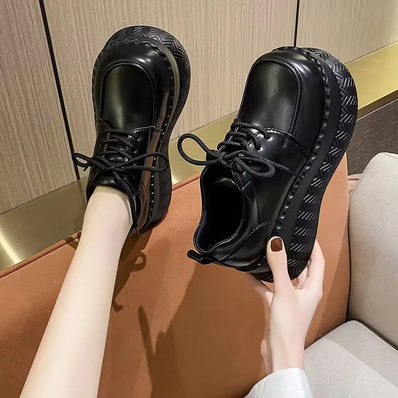 Round Toe Thick Bottom Platform Chunky Heels Women Pumps Lace Up Black Ins Fashion Punk Street Ladies Shoes Zapatillas De Mujer