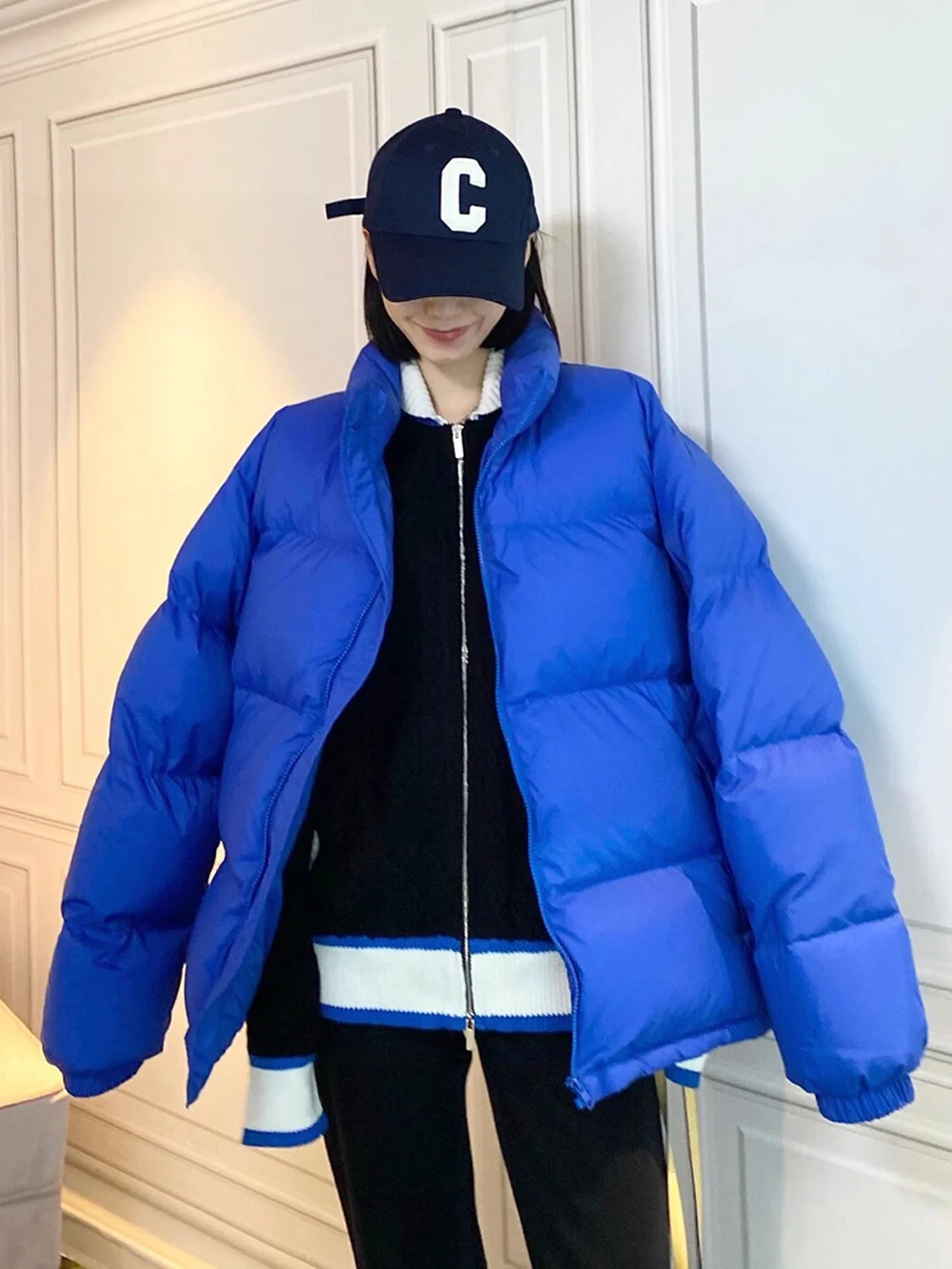 Women Stand Collar Down Jacket, Long-Sleeve Casual Duck Down Coat Lady, Warm Fashion Streetwear Clothing, Black/Blue/Red, Winter fall winter women casual spliced turn down collar long sleeve tops zipper short puffer coat fashion female jacket streetwear