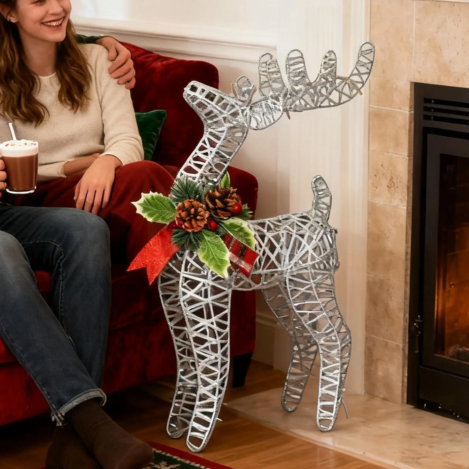 Christmas Reindeer Figurines Festive Lighted Metal Ornament Elegant Indoor Holiday Decor For Festival Family Living-Room Outdoor