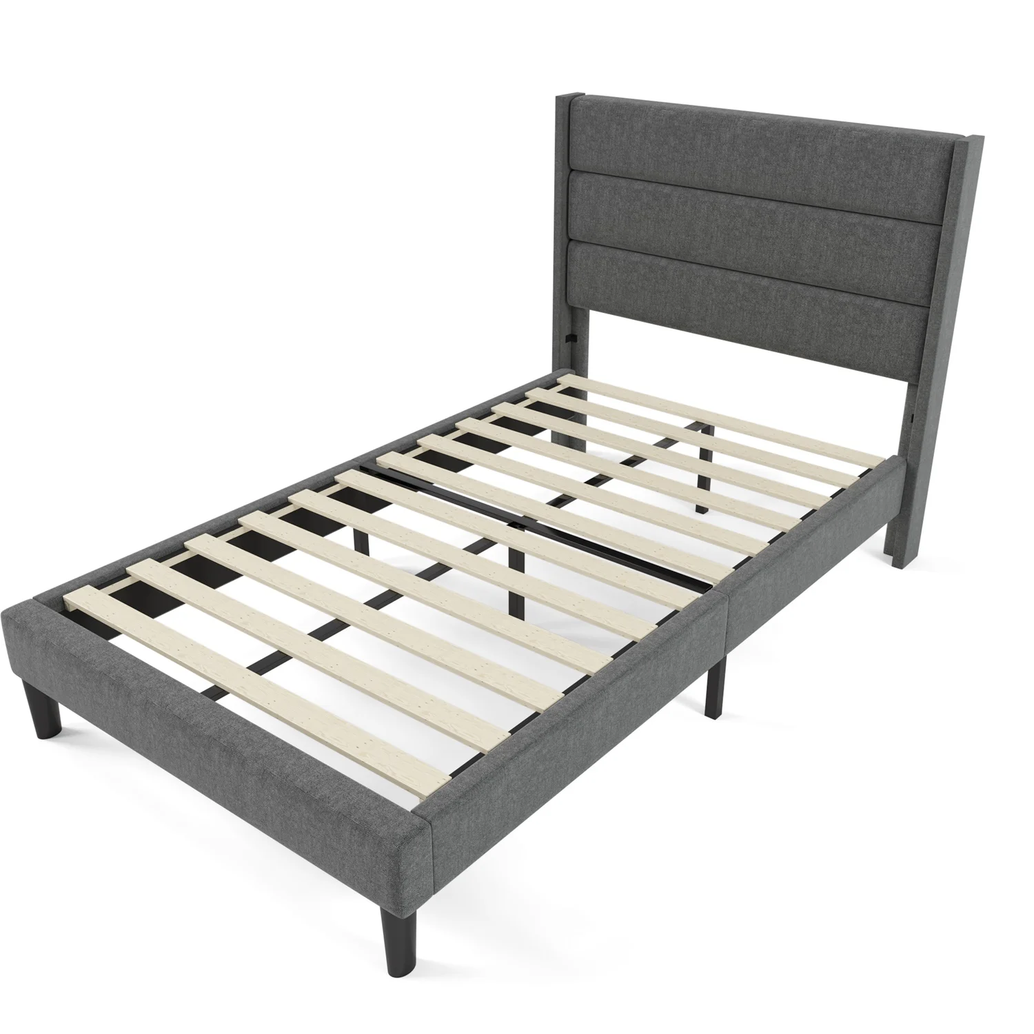 Upholstered Bed 90x200cm, Bed Frame With Lattice Headboard, Upholstered Single Bed, Grey Textile Linen, Modern Design Youth Bed – Detail 16