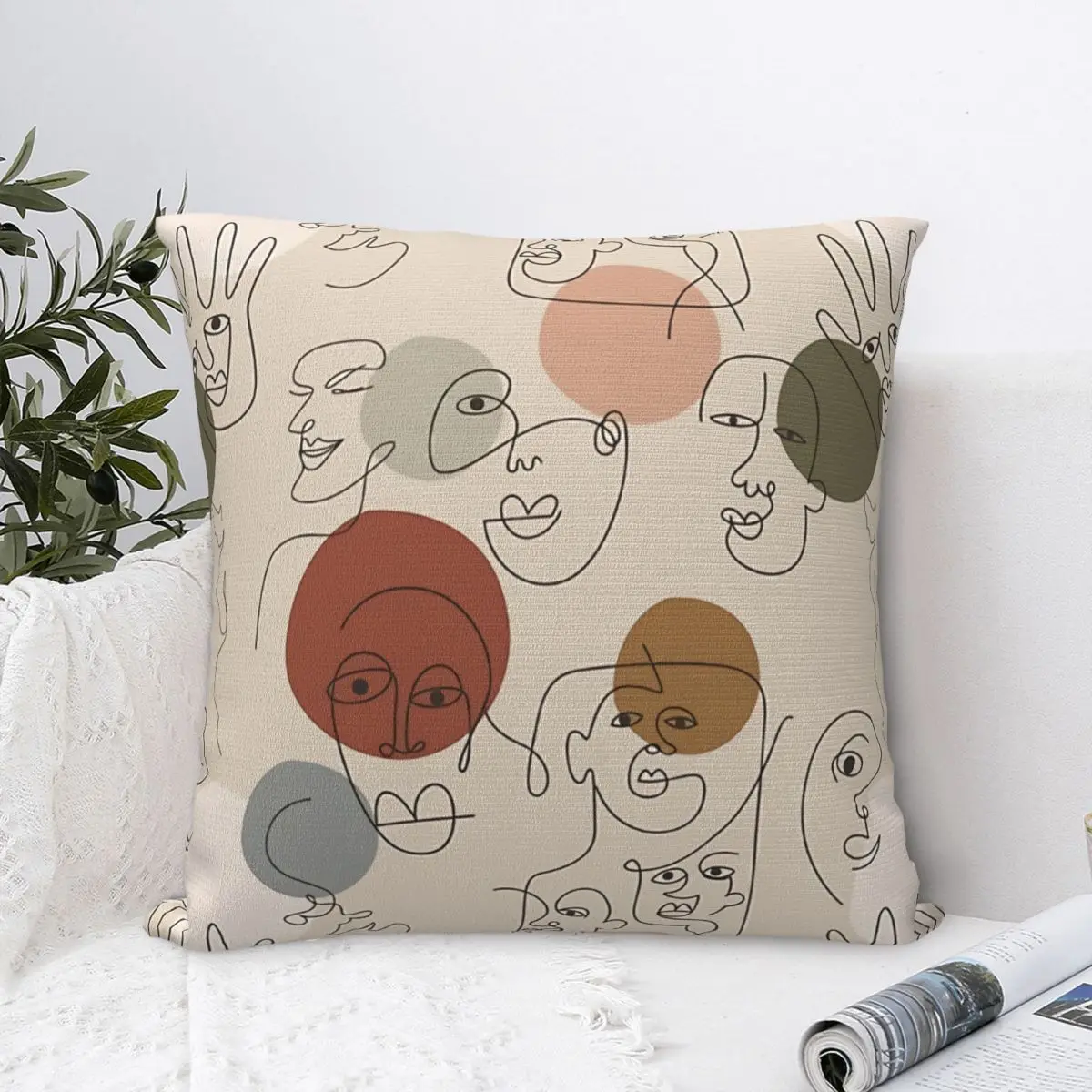 

Minimalist Faces Throw Pillow Case Line Art Backpack Coussin Case DIY Printed Breathable For Home Decor