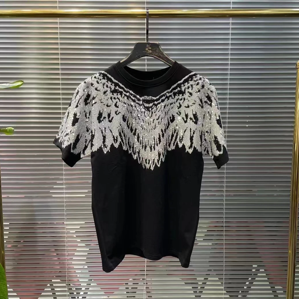 

Luxury Big Wings Hot Drilling T-shirts for Men/women Trendy Oversize Pullover Top Diamonds Short Sleeve Black Tshirt Handsome