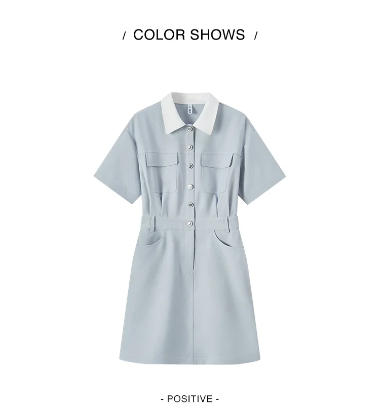 Dress Women Turn-Down Collar Stylish And Chic Summer New Simple And Sweet Waist-Cinching Short Skirt